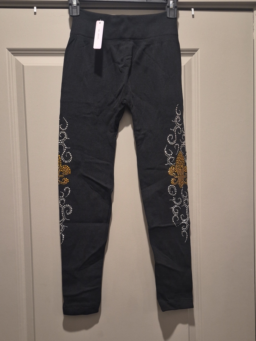 Black Women's Leggings with Gold & Silver Embellished Floral Accent
